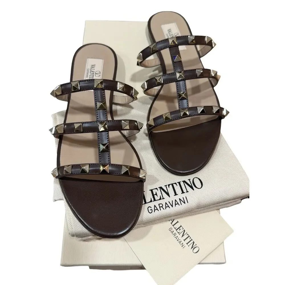 Valentino Garavani Rockstud Caged Leather Slide Sandal Bark Brown 36